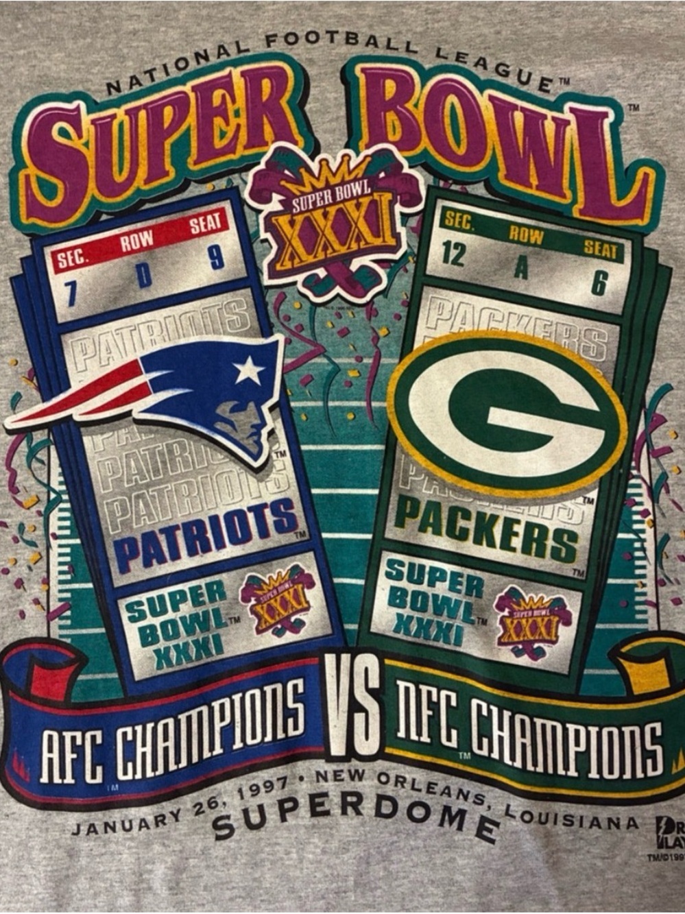 Vintage 1997 Super Bowl XXXI T Shirt Packers Patriots Pro Player